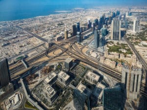 View from the top of the Burj Khalifa modern tower skyscraper tower in Dubai, United Arab Emirates.